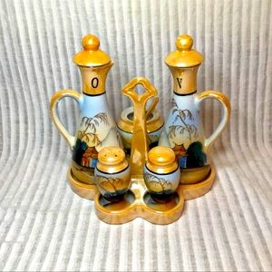 Vintage Lusterware Made in Japan Cruet Set Oil Vinegar Salt Pepper Mustard